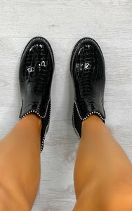 Womens Shazi Faux Leather Croc Print Chelsea Ankle Boots in Black Patent Croc
