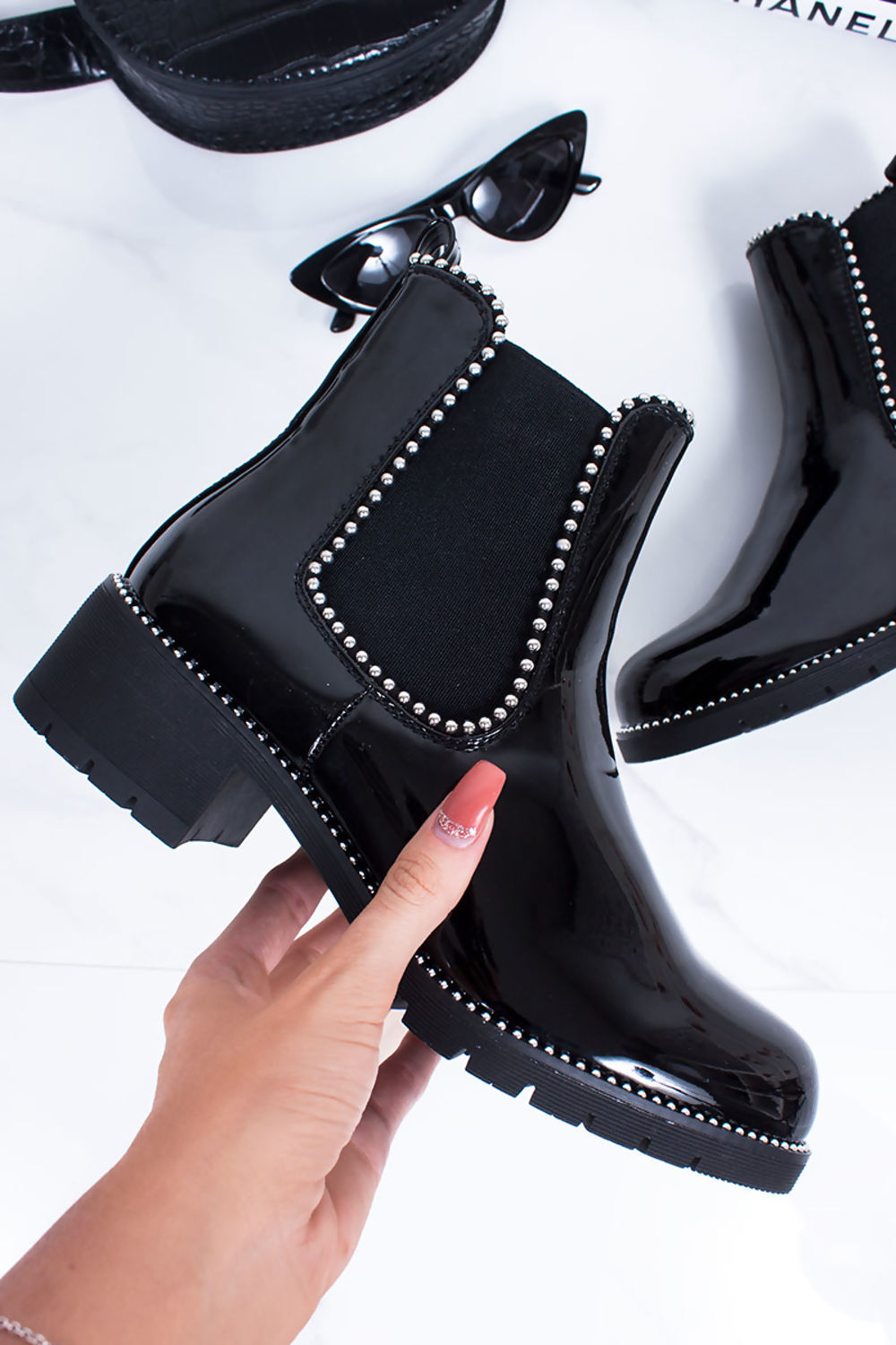 Womens Cheryl Flat Chelsea Boots Black Patent Leather Finish Boots