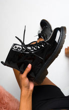 Load image into Gallery viewer, Womens Coco Black Patent Flat Lace Up Ankle Boots