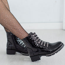 Load image into Gallery viewer, Womens Amore Faux Leather Croc Ankle Zip Boots in Black Patent