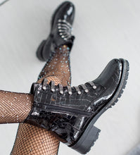 Load image into Gallery viewer, Womens Amore Faux Leather Croc Ankle Zip Boots in Black Patent