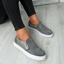 Load image into Gallery viewer, Womens Simmi Grey Studded Diamante Slip On Flat Trainers