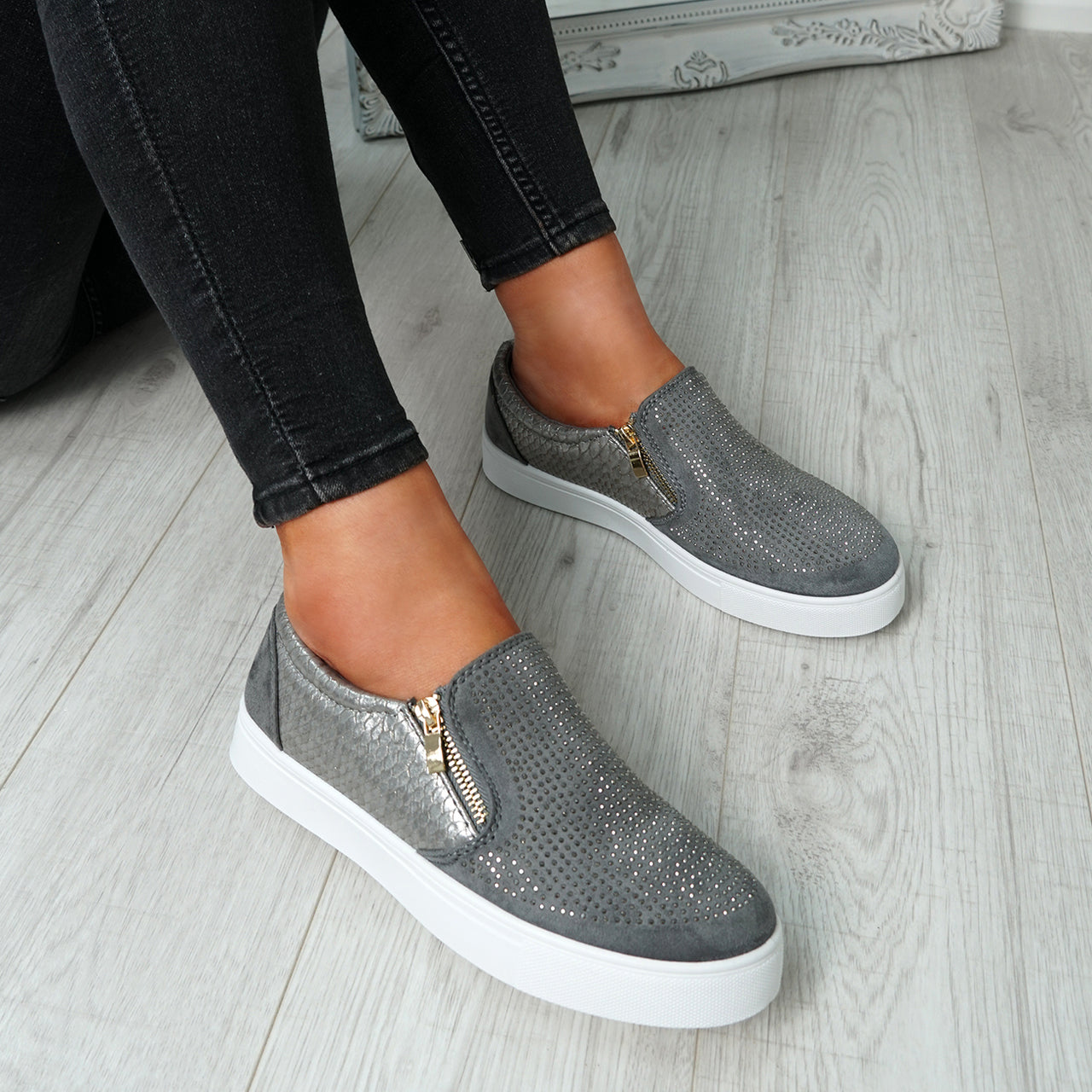 Womens Simmi Grey Studded Diamante Slip On Flat Trainers