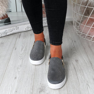 Womens Simmi Grey Studded Diamante Slip On Flat Trainers