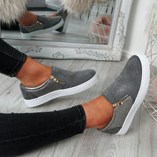 Load image into Gallery viewer, Womens Simmi Grey Studded Diamante Slip On Flat Trainers