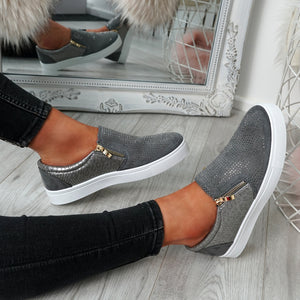 Womens Simmi Grey Studded Diamante Slip On Flat Trainers