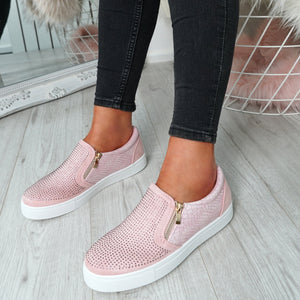 Womens Simmi Pink Studded Diamante Slip On Flat Trainers