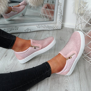 Womens Simmi Pink Studded Diamante Slip On Flat Trainers