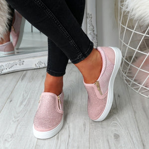 Womens Simmi Pink Studded Diamante Slip On Flat Trainers