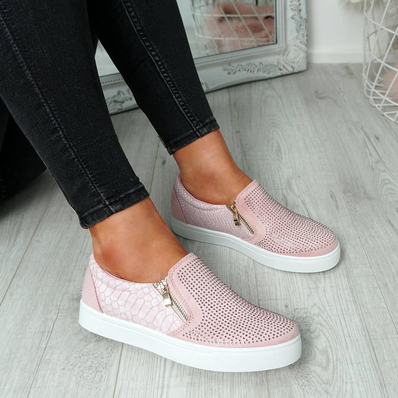 Womens Simmi Pink Studded Diamante Slip On Flat Trainers