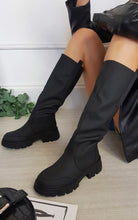 Load image into Gallery viewer, Womens Rosha Knee High Chunky Sole Black PU Boots Size 3-8