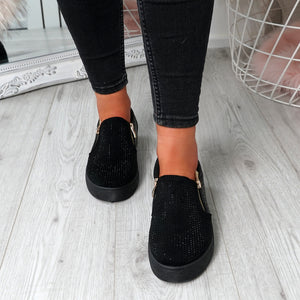 Womens Simmi Black Studded Diamante Slip On Flat Trainers