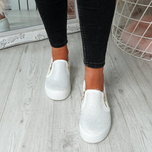 Womens Simmi White Studded Diamante Slip On Flat Trainers