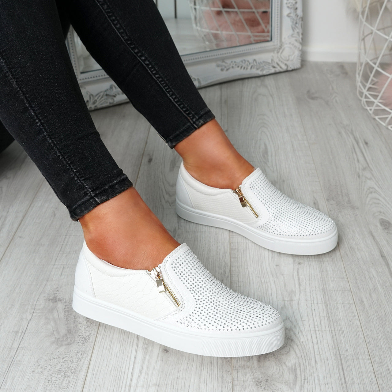 Womens Simmi White Studded Diamante Slip On Flat Trainers