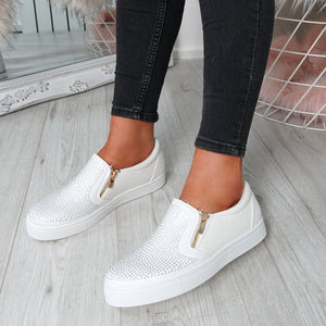 Womens Simmi White Studded Diamante Slip On Flat Trainers