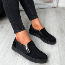 Load image into Gallery viewer, Womens Simmi Black Studded Diamante Slip On Flat Trainers
