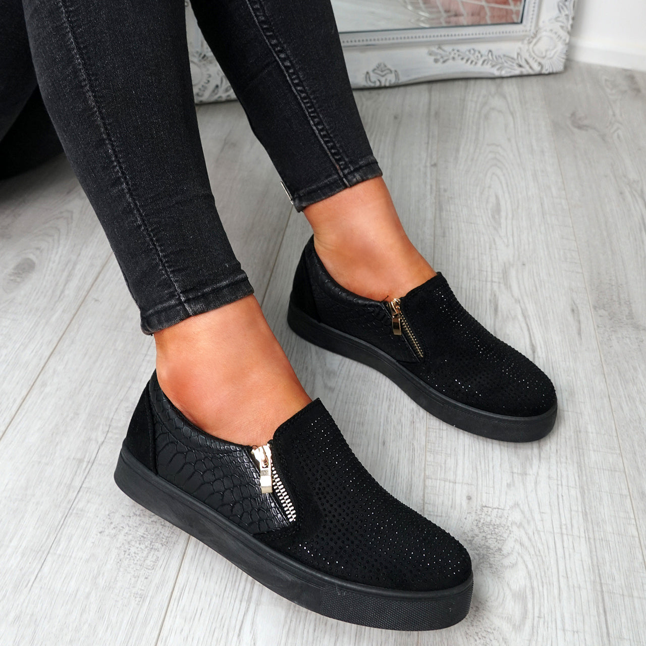 Womens Simmi Black Studded Diamante Slip On Flat Trainers