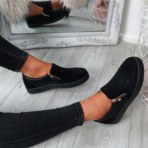 Womens Simmi Black Studded Diamante Slip On Flat Trainers