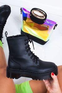 Womens Holly Black Matte Chunky Platform Lace Up Ankle Boots