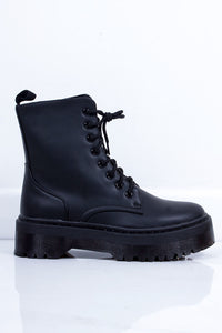 Womens Holly Black Matte Chunky Platform Lace Up Ankle Boots