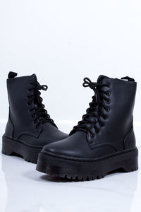 Womens Holly Black Matte Chunky Platform Lace Up Ankle Boots