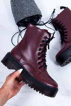 Load image into Gallery viewer, Womens Holly Wine Matte Chunky Platform Lace Up Ankle Boots