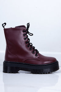 Womens Holly Wine Matte Chunky Platform Lace Up Ankle Boots