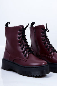 Womens Holly Wine Matte Chunky Platform Lace Up Ankle Boots