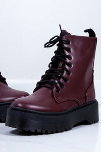 Womens Holly Wine Matte Chunky Platform Lace Up Ankle Boots