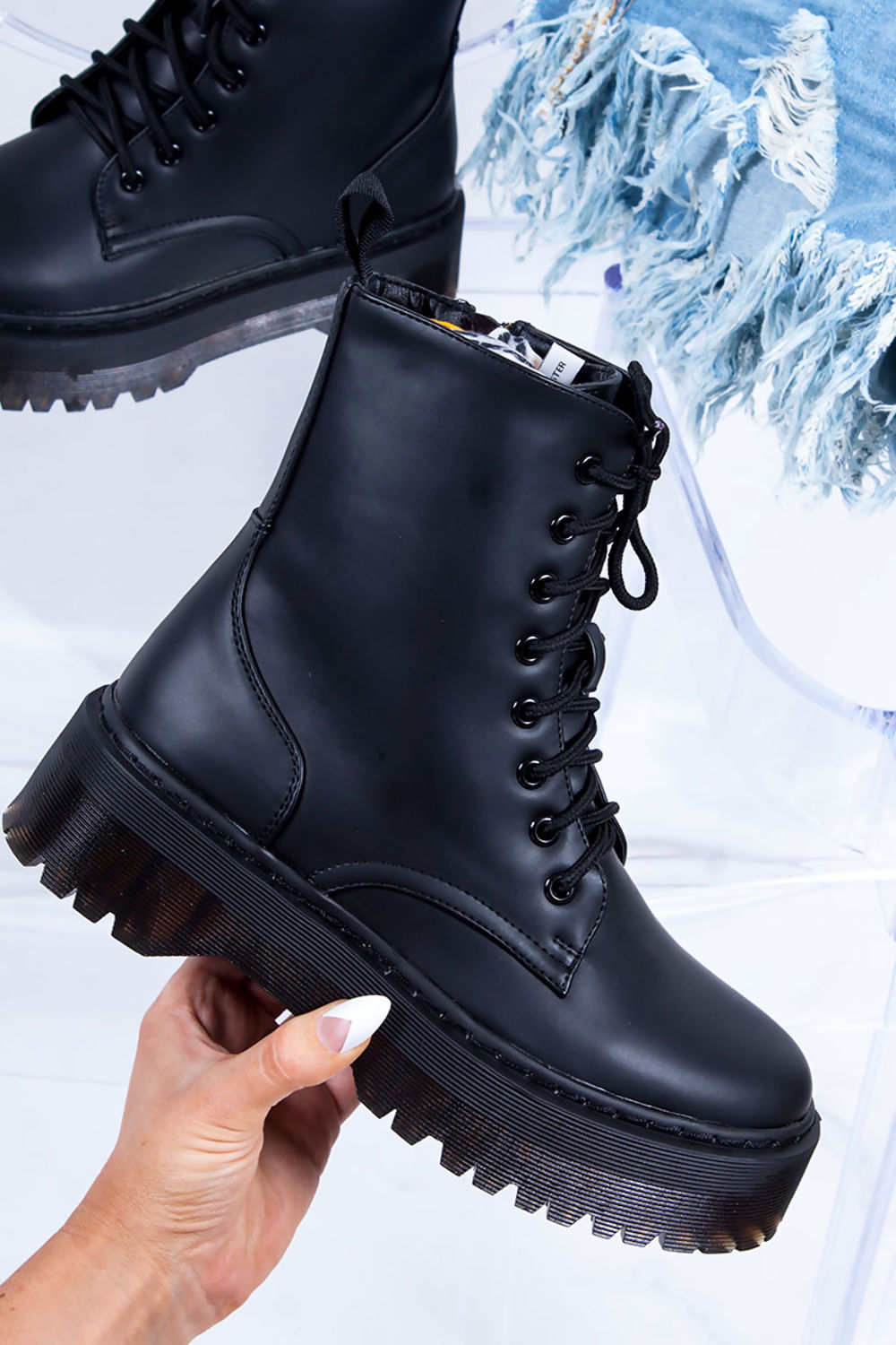 Womens Holly Black Matte Chunky Platform Lace Up Ankle Boots
