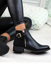 Load image into Gallery viewer, Womens Nikki Black Suede Buckle Side Zip Ankle Boots