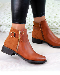 Womens Nikki Camel Suede Buckle Side Zip Ankle Boots