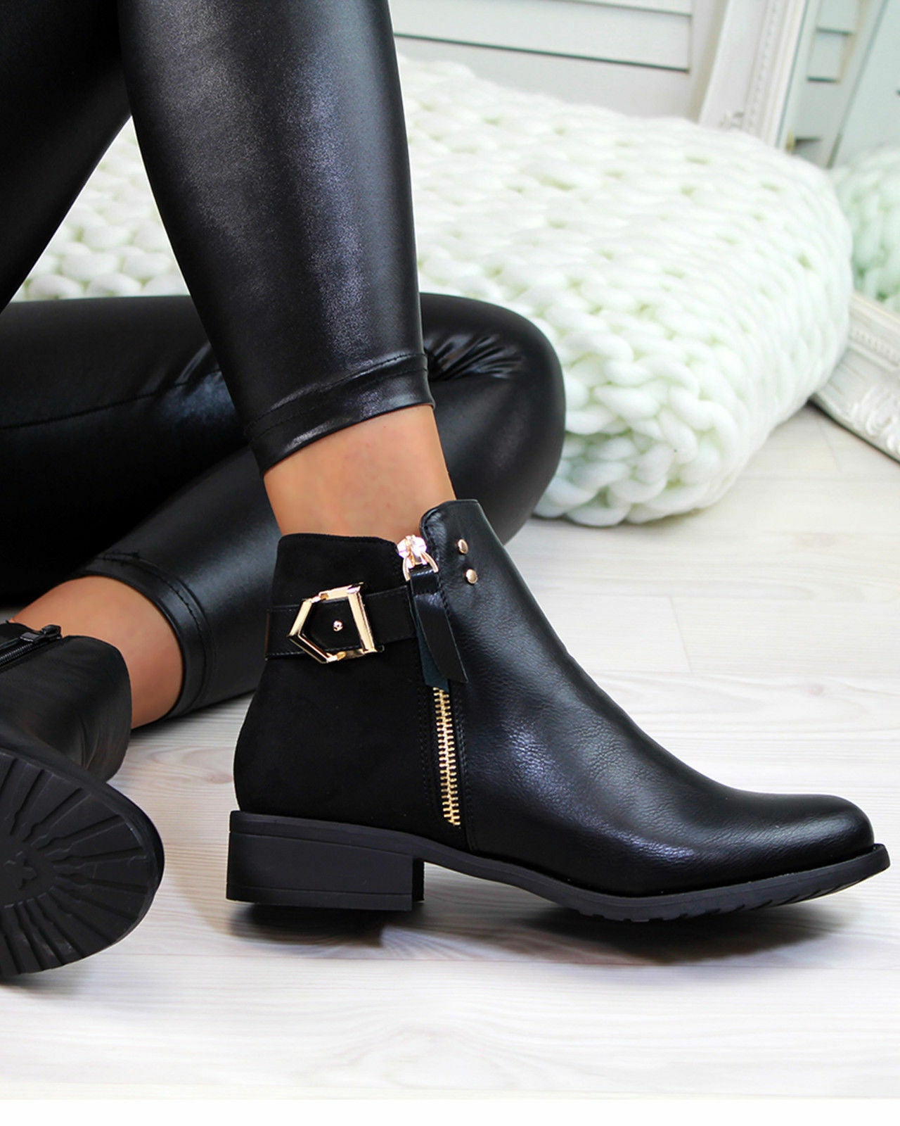 Womens Nikki Black Suede Buckle Side Zip Ankle Boots